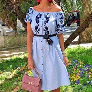 Zara blue cotton dress with flower and sequins appliques
